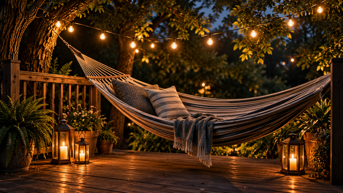 Hammock on a deck beneath string lights after sunset