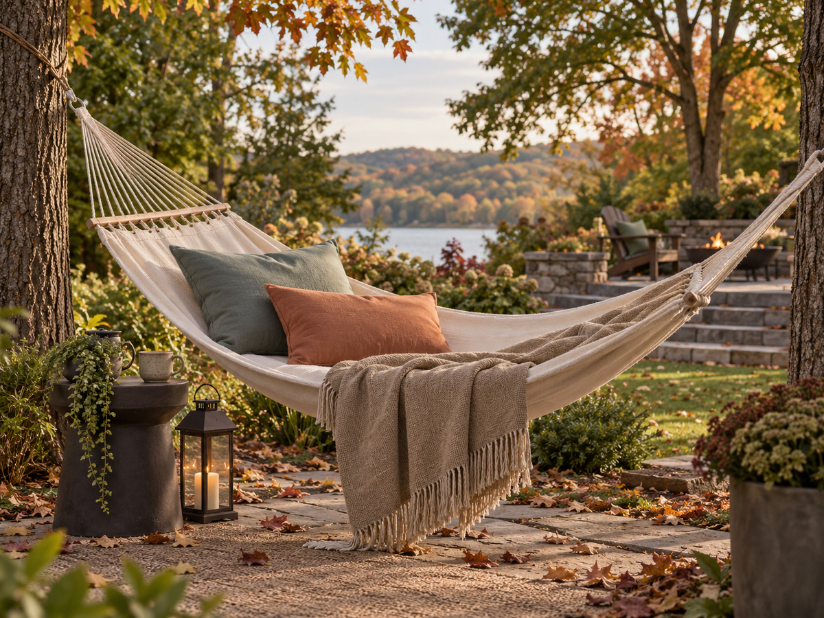 Fall hammock styled in warm khaki, smoky jade, espresso, cream, and terracotta