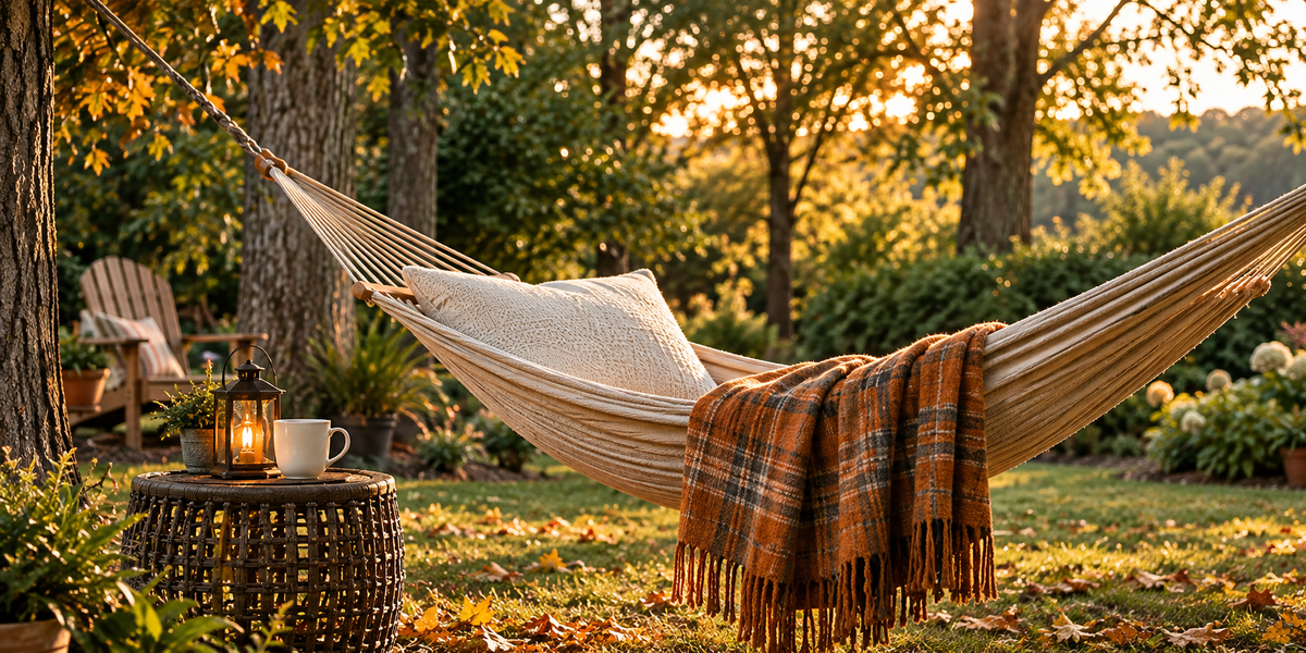 Cozy hammock with a plaid throw in an early fall backyard