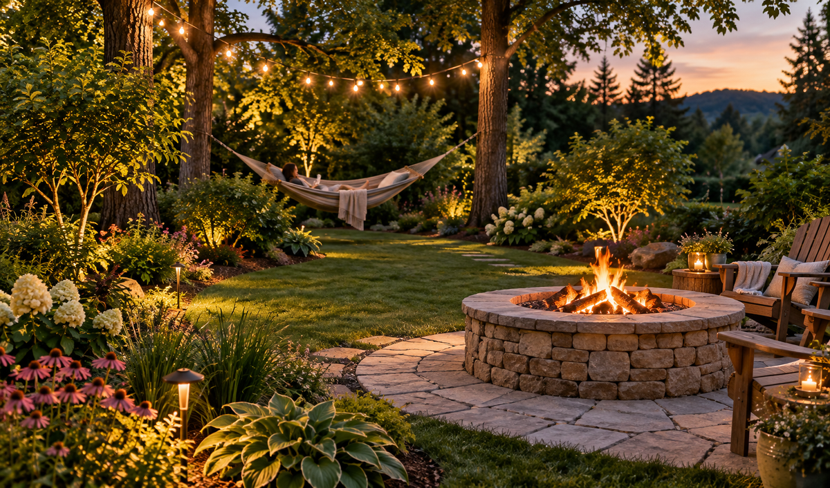 Landscaped backyard with hammock, string lights and fire pit