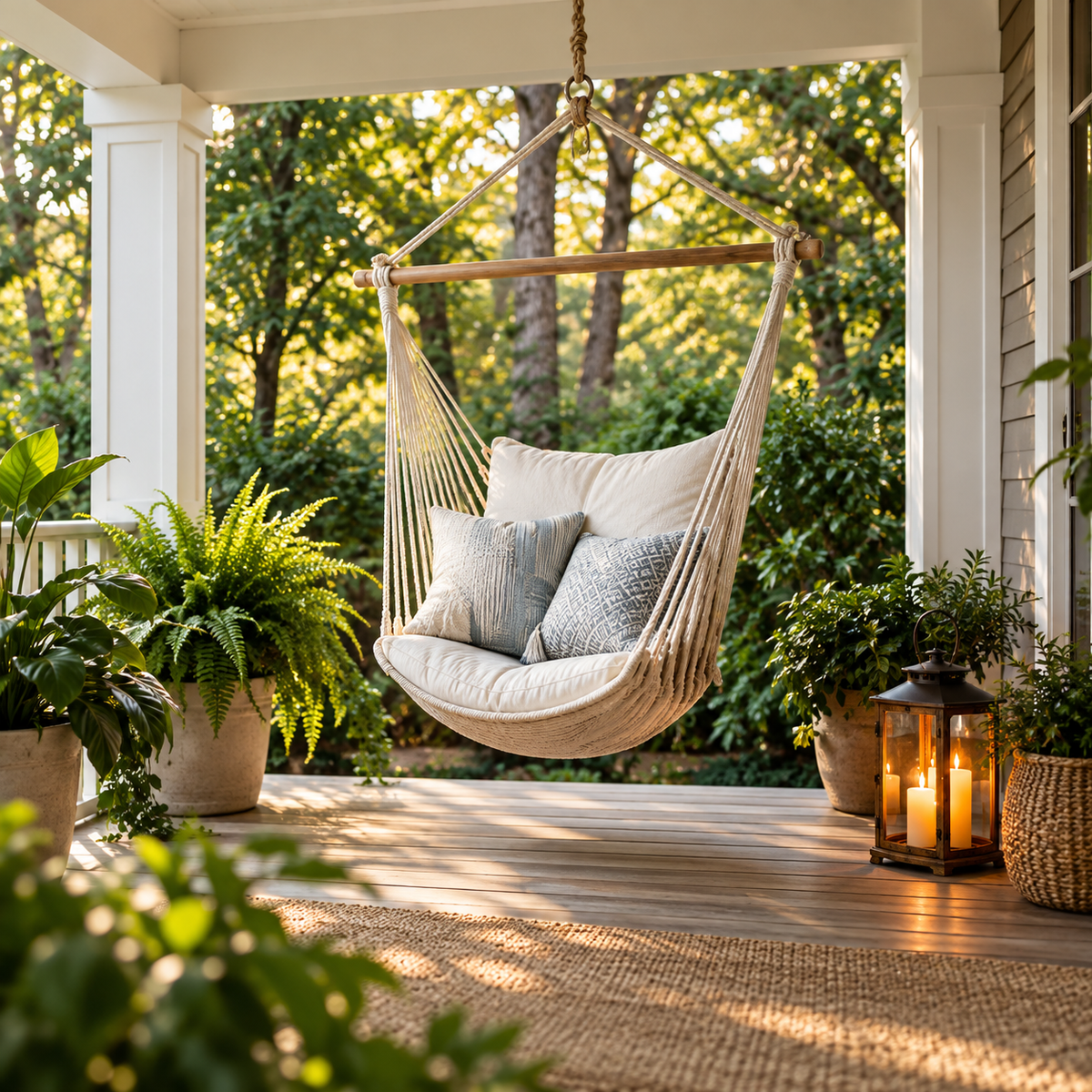 Cushioned hammock chair on a plant-filled porch