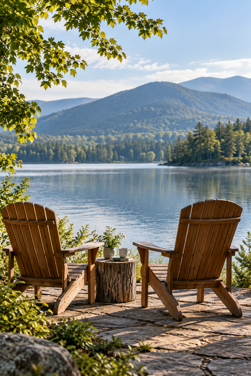 Two Adirondack chairs overlooking a mountain lake