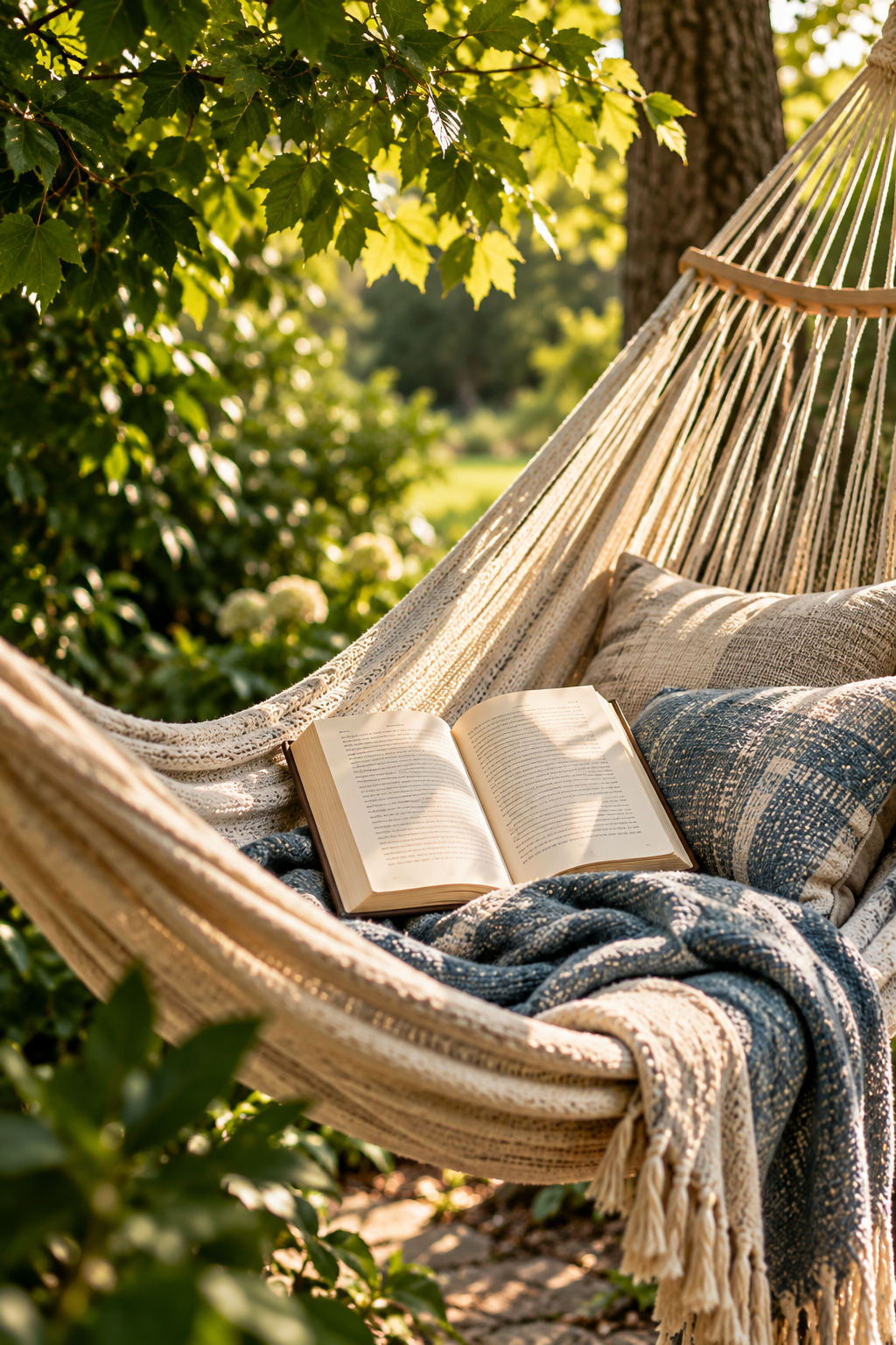 Open book resting in a comfortable hammock