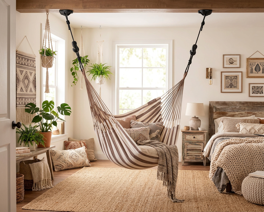 Hammock chair hung from the ceiling in a boho-style bedroom corner