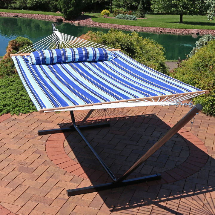 Sunnydaze Quilted Spreader Bar Hammock with Steel Stand, 2-Person, 350 lb Capacity