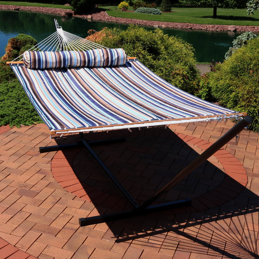Sunnydaze Quilted Spreader Bar Hammock with Steel Stand, 2-Person, 350 lb Capacity