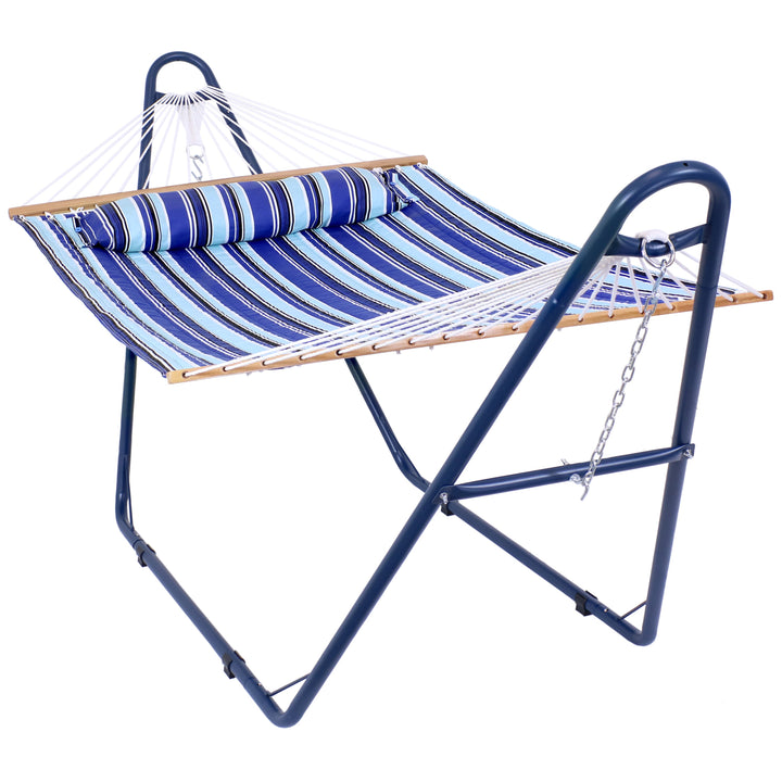 Sunnydaze Catalina Beach Quilted Double Hammock with Blue Steel Stand, 2-Person, 450 lb Capacity