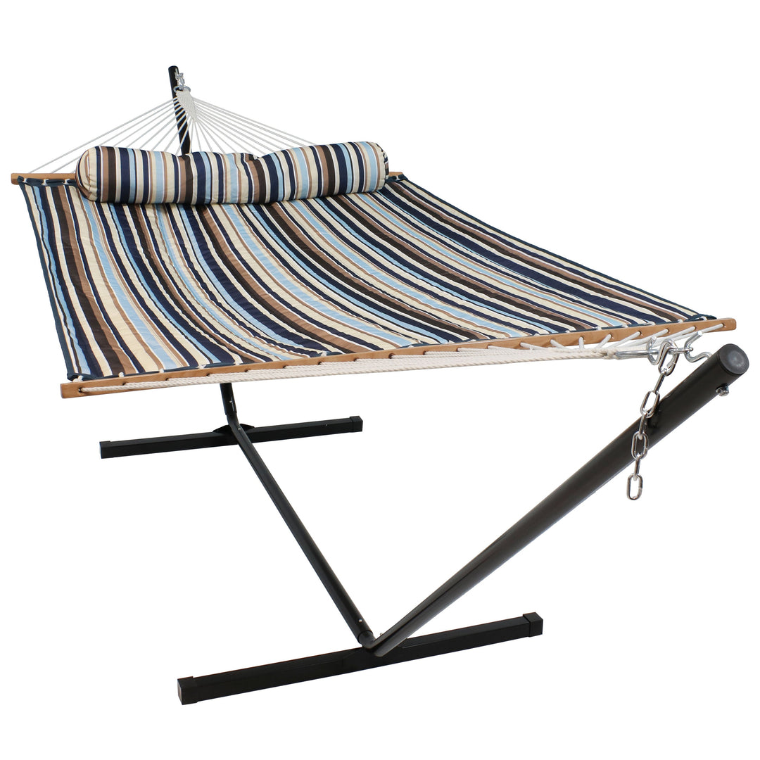 Sunnydaze Quilted Spreader Bar Hammock with Steel Stand, 2-Person, 350 lb Capacity