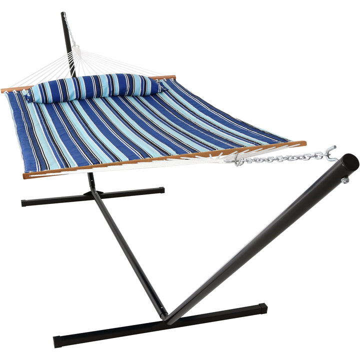 Sunnydaze Quilted Spreader Bar Hammock with Steel Stand, 2-Person, 350 lb Capacity