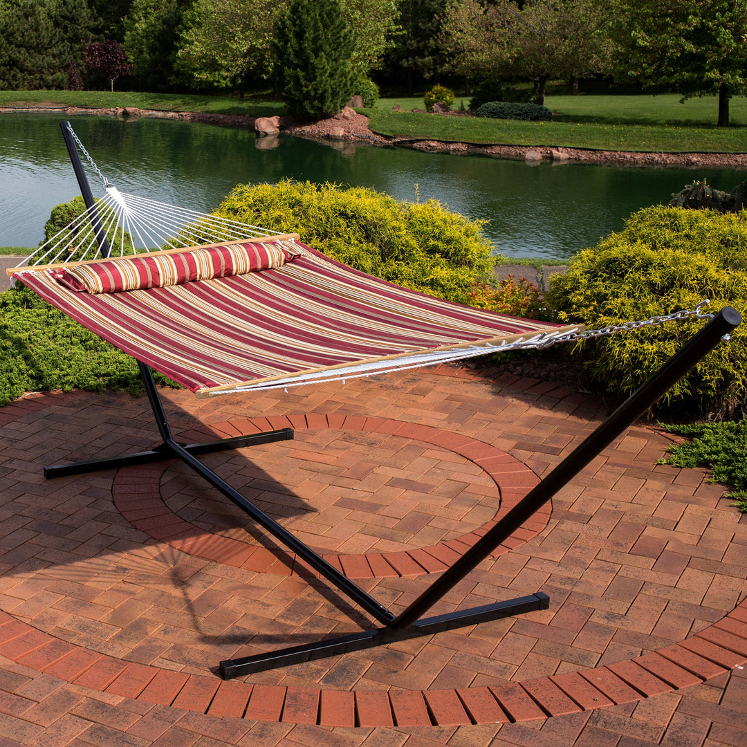 Sunnydaze Quilted Spreader Bar Hammock with Steel Stand, 2-Person, 350 lb Capacity