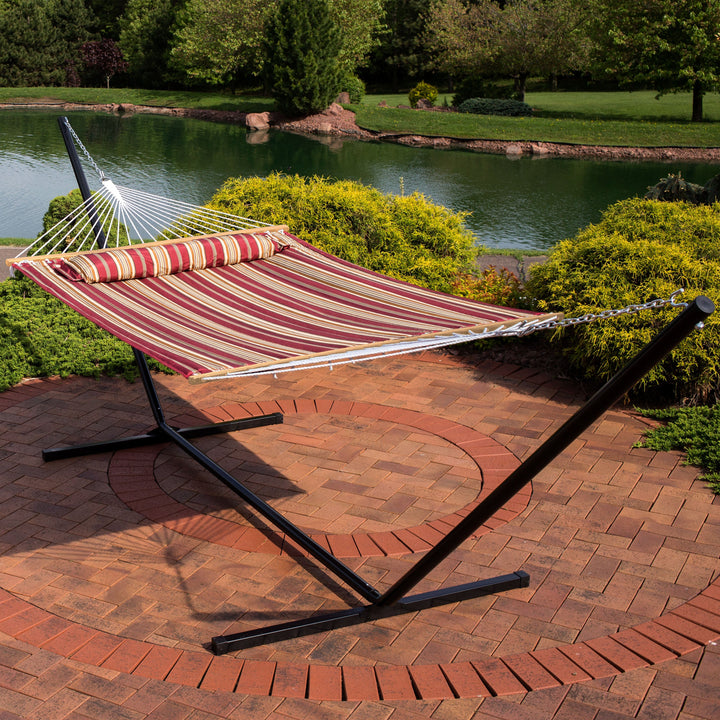 Sunnydaze Quilted Spreader Bar Hammock with Steel Stand, 2-Person, 350 lb Capacity