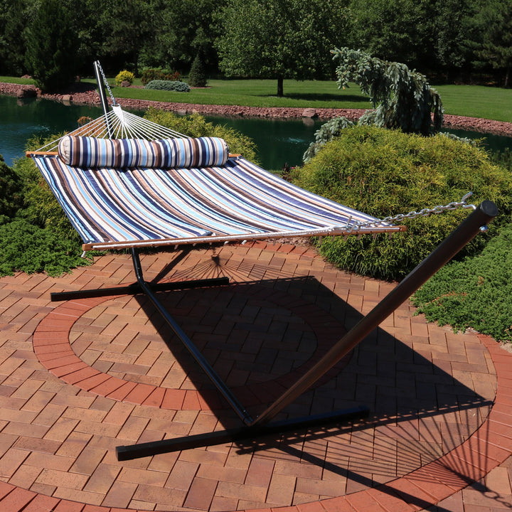 Sunnydaze Quilted Spreader Bar Hammock with Steel Stand, 2-Person, 350 lb Capacity