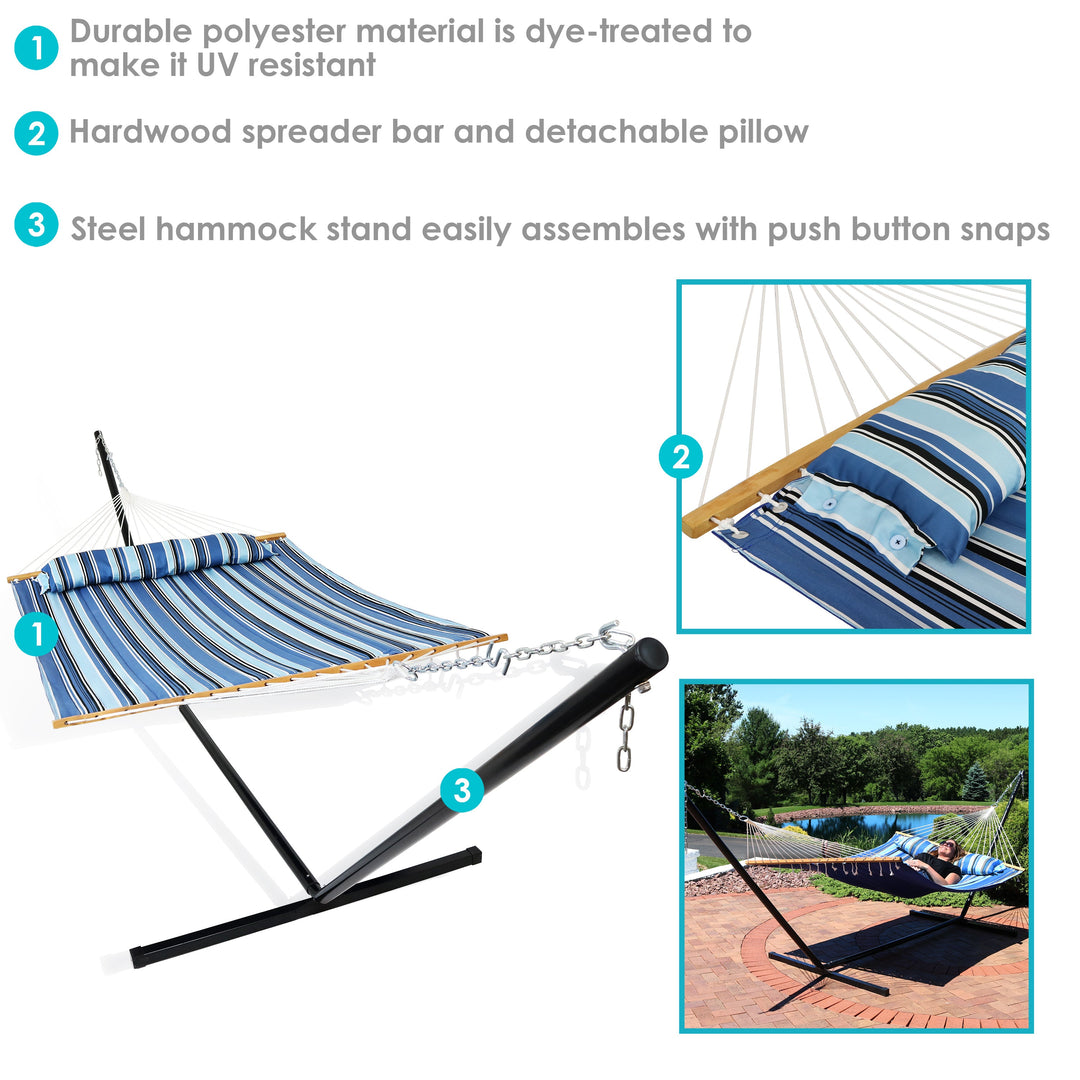 Sunnydaze Quilted Spreader Bar Hammock with Steel Stand, 2-Person, 350 lb Capacity