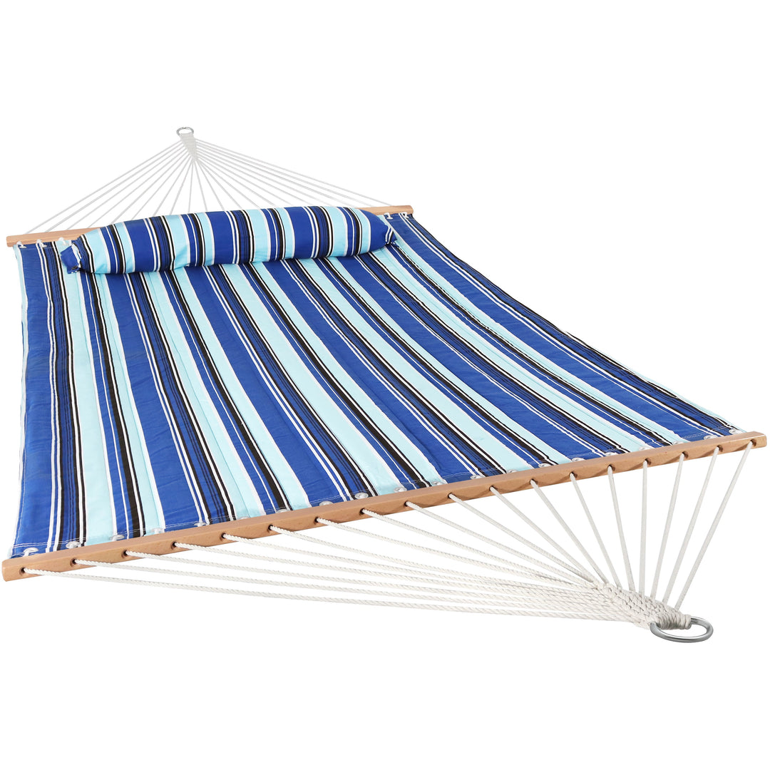 Sunnydaze Catalina Beach Quilted Double Hammock with Blue Steel Stand, 2-Person, 450 lb Capacity