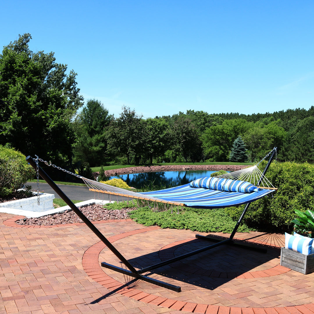 Sunnydaze Quilted Spreader Bar Hammock with Steel Stand, 2-Person, 350 lb Capacity