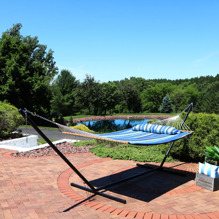 Sunnydaze Quilted Spreader Bar Hammock with Steel Stand, 2-Person, 350 lb Capacity
