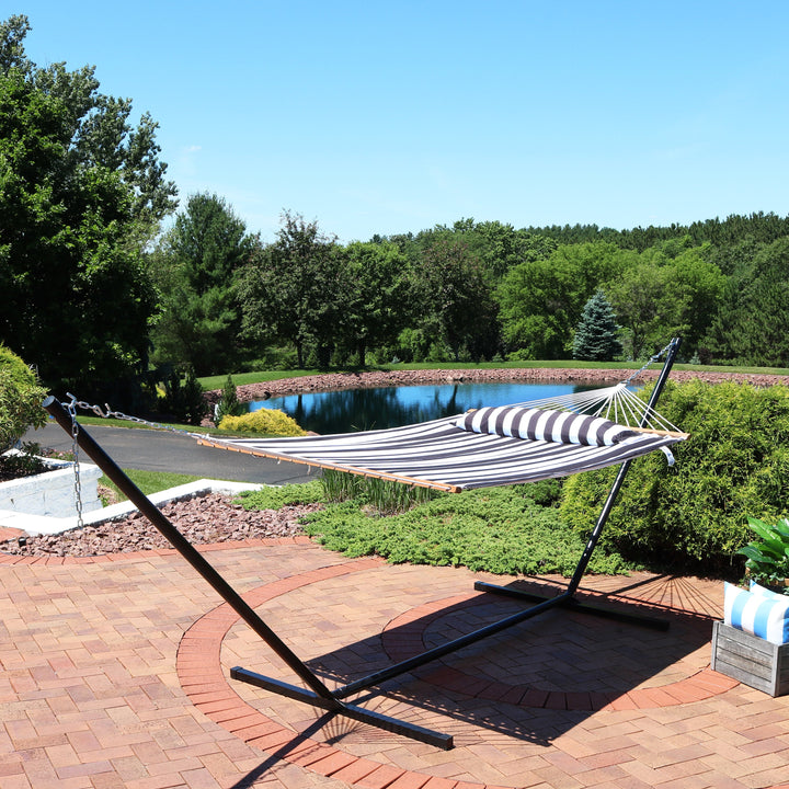 Sunnydaze Quilted Double Spreader Bar Hammock with Pillow, Polyester, 450 lb Capacity