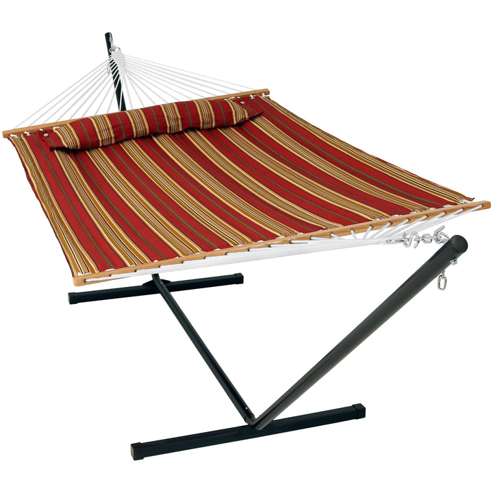 Sunnydaze Quilted Spreader Bar Hammock with Steel Stand, 2-Person, 350 lb Capacity