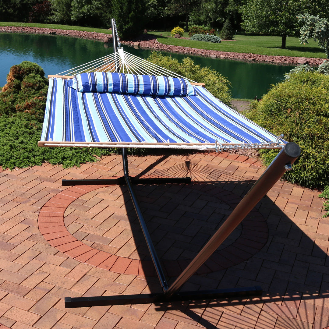 Sunnydaze Quilted Spreader Bar Hammock with Steel Stand, 2-Person, 350 lb Capacity