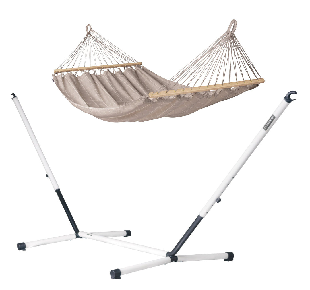 Nautico Cool Grey Outdoor R Almond - Weather-Resistant Double Spreader Bar Hammock with Powder Coated Steel Stand