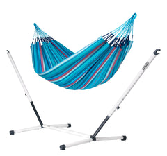 Brisa Wave hammock on a white and grey Nautico steel stand, white background