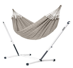 Brisa Almond kingsize hammock on a white and grey Nautico steel stand, white background