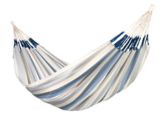 LA SIESTA Brisa Sea Salt kingsize Colombian hammock in blue and cream stripes on a white background