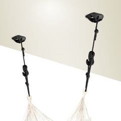 Two black CasaMount mounts fixed to a ceiling, holding a hammock