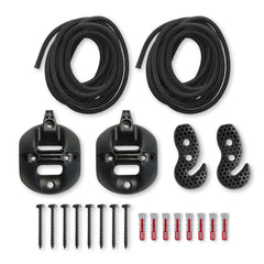 CasaMount 2rope Black kit contents: two mounts, two ropes, two hooks, screws, and wall plugs