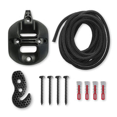 CasaMount 1rope Black kit contents: ceiling mount, black rope, hook, screws, and wall plugs