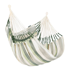 LA SIESTA Cumbia Outdoor Cedar comfort hammock chair in green and cream stripes on a white background