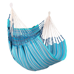 LA SIESTA Cumbia Organic Azure comfort hammock chair in blue stripes on a white background