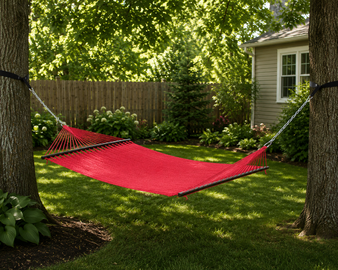 Large 2-Person Polyester Rope Hammock with Spreader Bars – Red