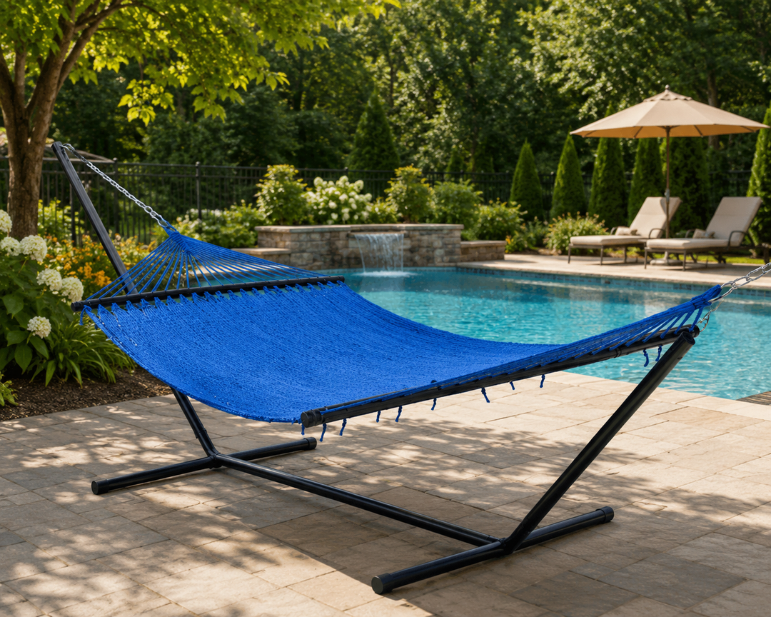 Large 2-Person Polyester Rope Hammock with Spreader Bars – Blue
