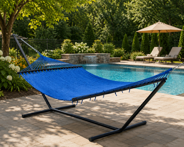 Large 2-Person Polyester Rope Hammock with Spreader Bars – Blue
