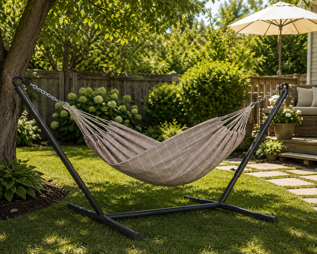 Brisa Double Hammock with Nautico Anthracite Stand - Almond Weather-Resistant Hammock with Powder Coated Steel Stand