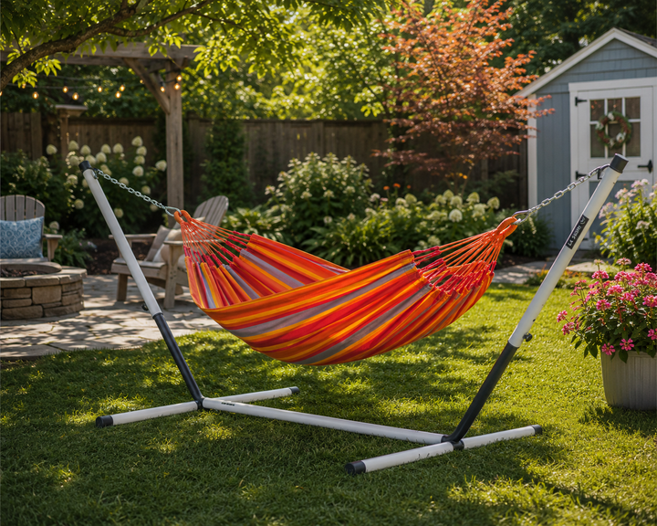 Brisa Double Hammock with Nautico Cool Grey Outdoor Stand - Toucan Weather-Resistant Hammock with Powder Coated Steel Stand