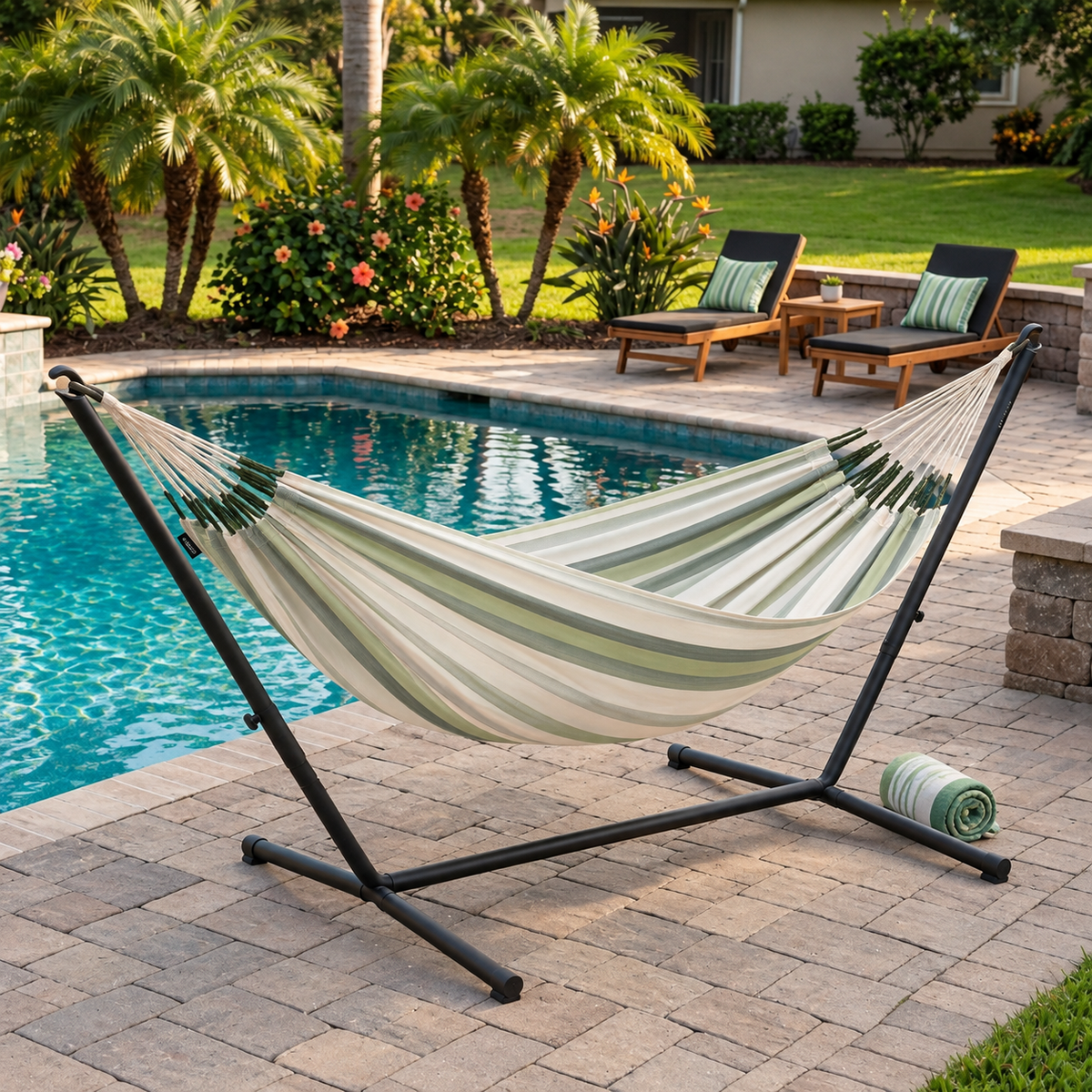 LA SIESTA Brisa Cedar double hammock on a black steel stand beside a pool (stand sold separately)