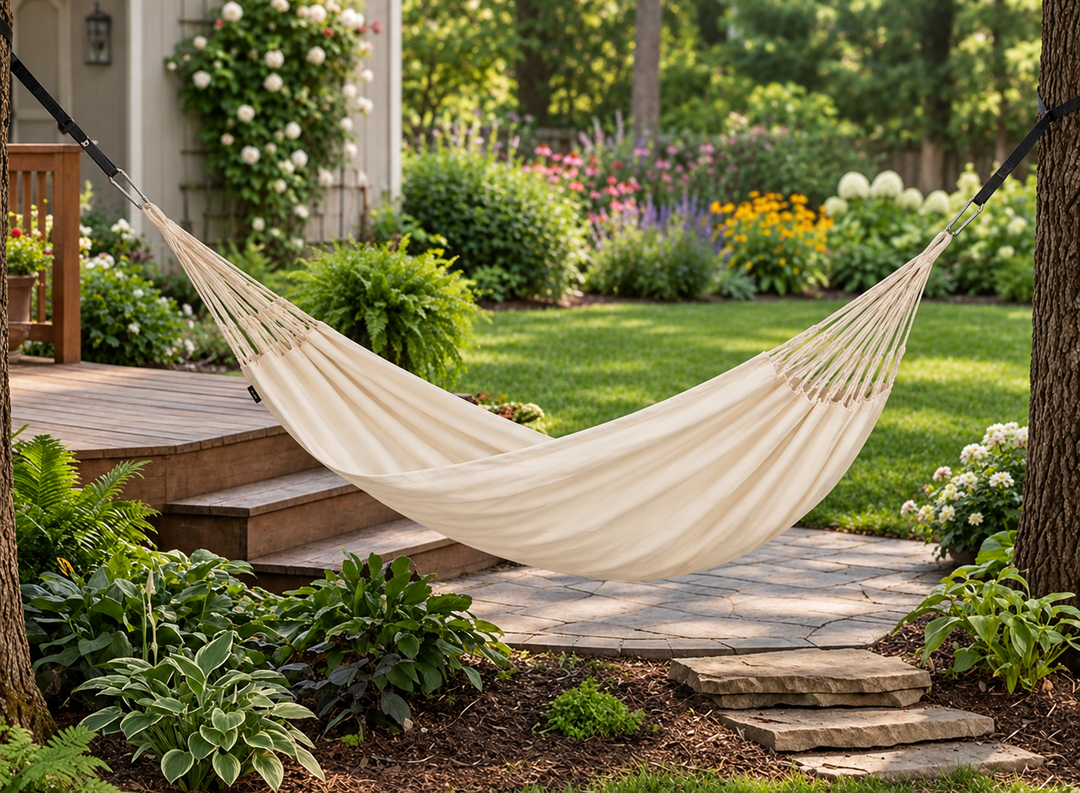LA SIESTA Brisa Vanilla kingsize hammock hanging in a garden beside stone steps
