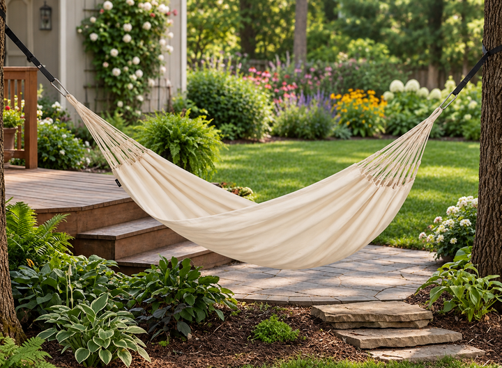 LA SIESTA Brisa Vanilla kingsize hammock hanging in a garden beside stone steps