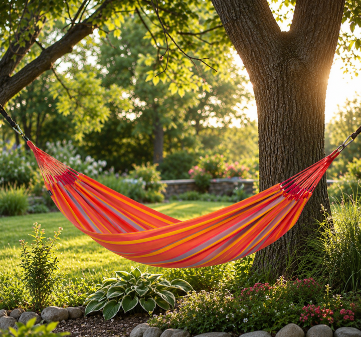 LA SIESTA Brisa Toucan double hammock hanging beside a tree in a sunny garden