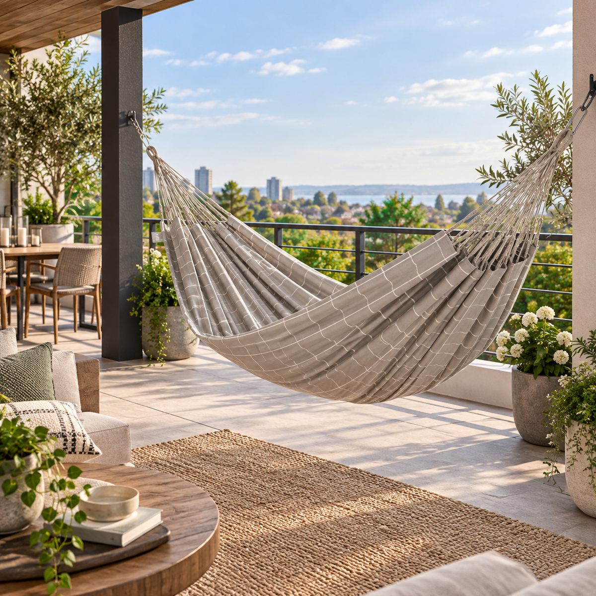 LA SIESTA Brisa Almond double hammock hanging on a covered terrace with a city view