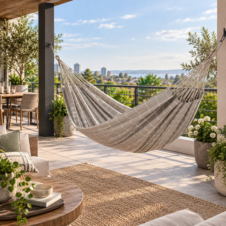 LA SIESTA Brisa Almond double hammock hanging on a covered terrace with a city view