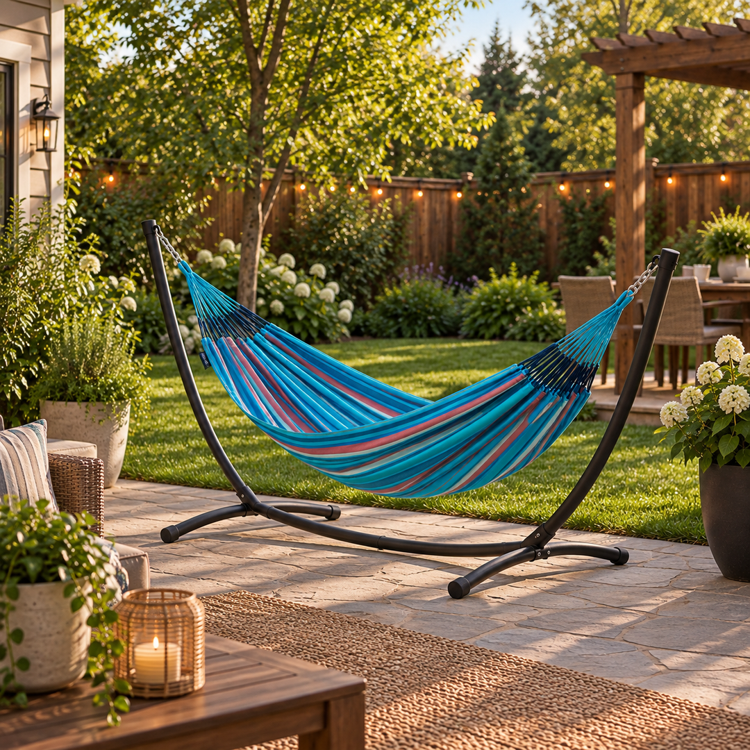 LA SIESTA Brisa Wave kingsize hammock on a black steel stand on a backyard patio (stand sold separately)