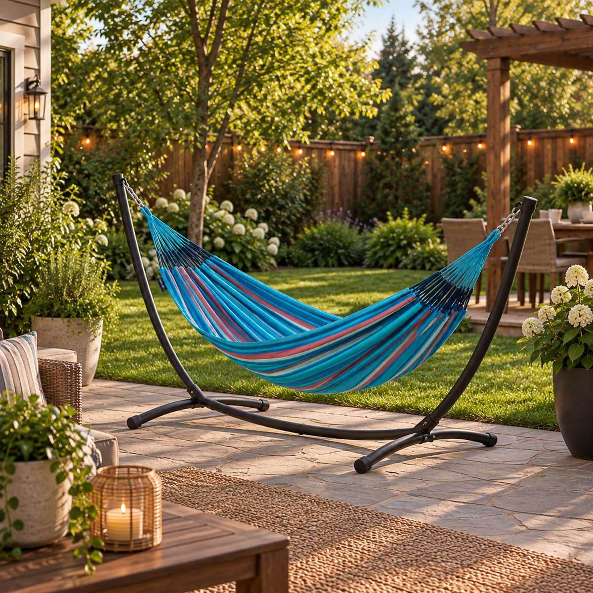 LA SIESTA Brisa Wave kingsize hammock on a black steel stand on a backyard patio (stand sold separately)