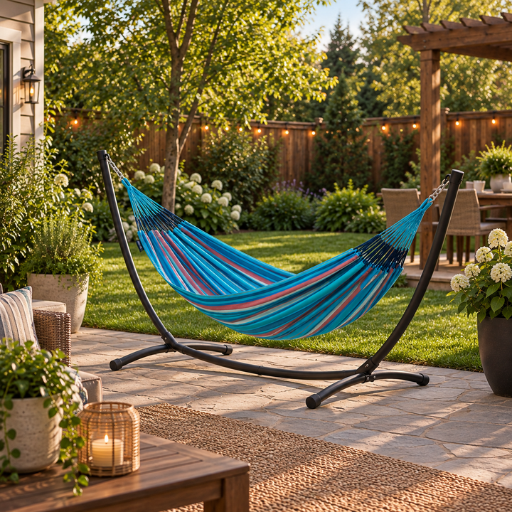 LA SIESTA Brisa Wave kingsize hammock on a black steel stand on a backyard patio (stand sold separately)