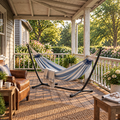 LA SIESTA Brisa Sea Salt double hammock on a black steel stand on a covered porch (stand sold separately)