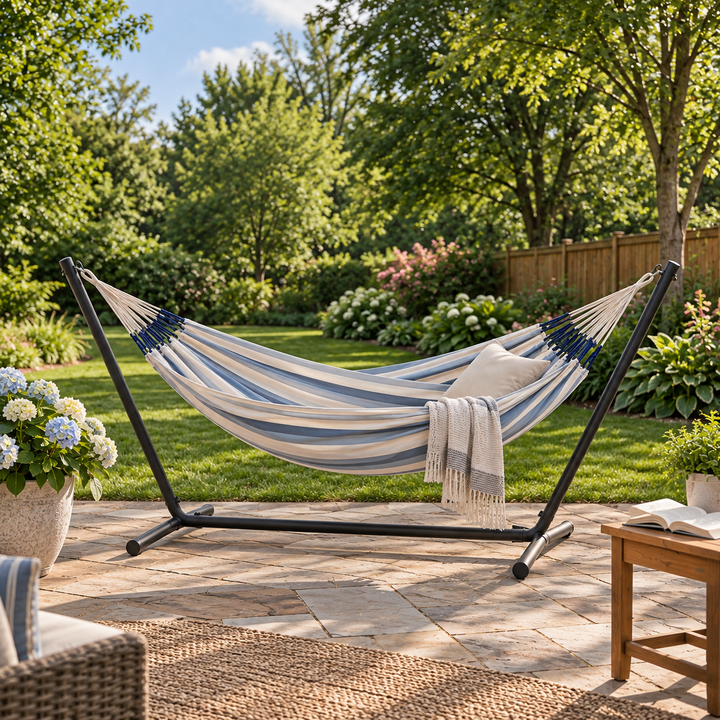 LA SIESTA Brisa Sea Salt kingsize hammock on a black steel stand on a garden patio (stand sold separately)