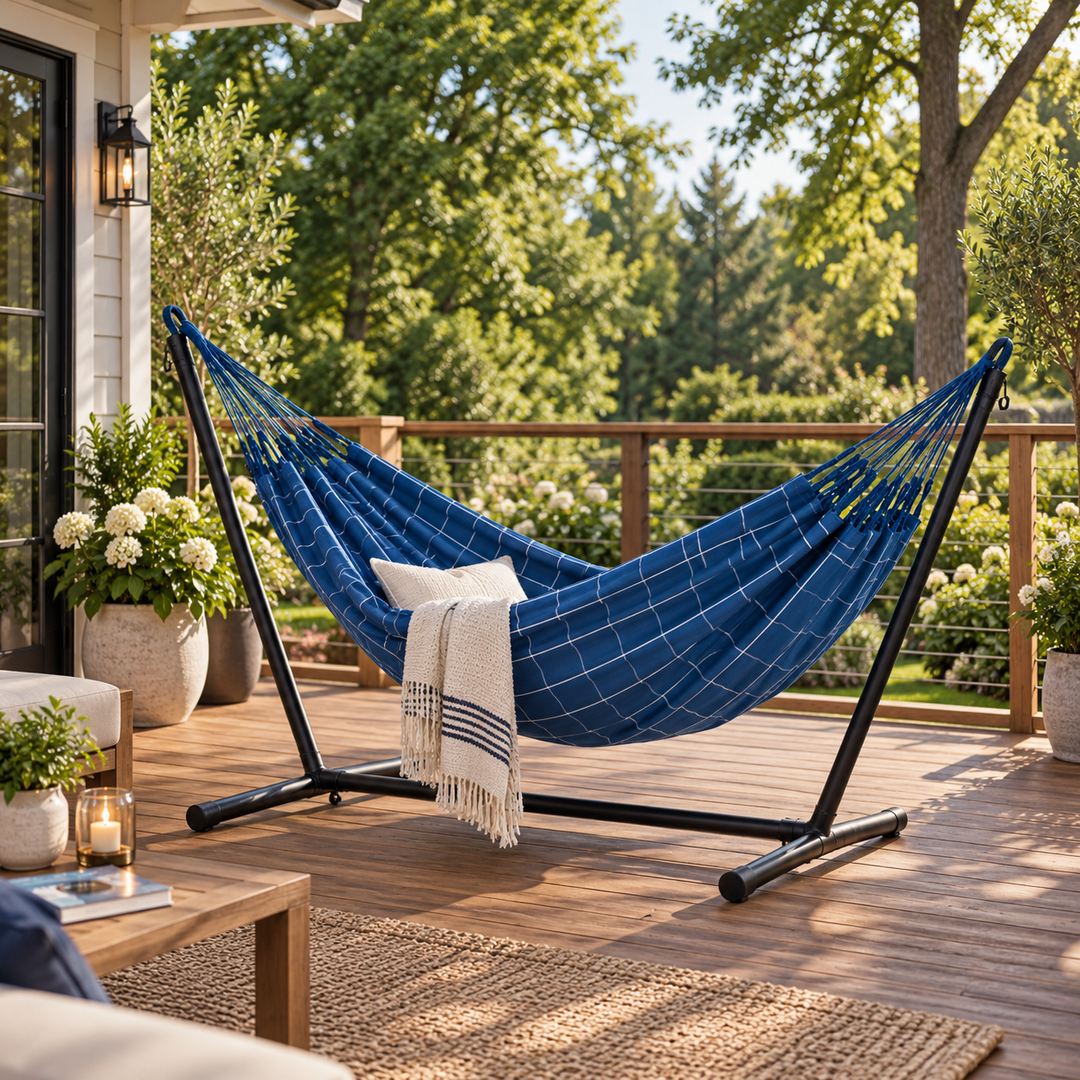 LA SIESTA Brisa Marine double hammock on a steel stand on a wooden deck (stand sold separately)