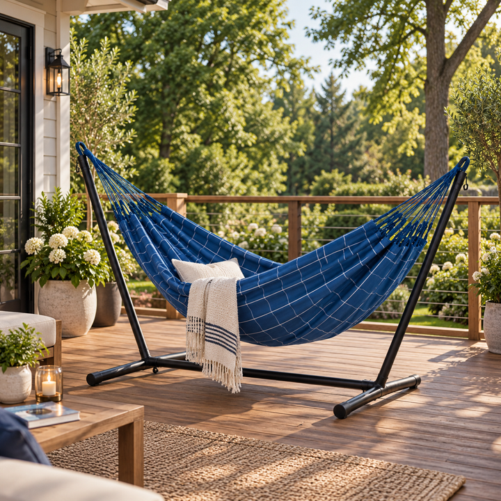 LA SIESTA Brisa Marine double hammock on a steel stand on a wooden deck (stand sold separately)
